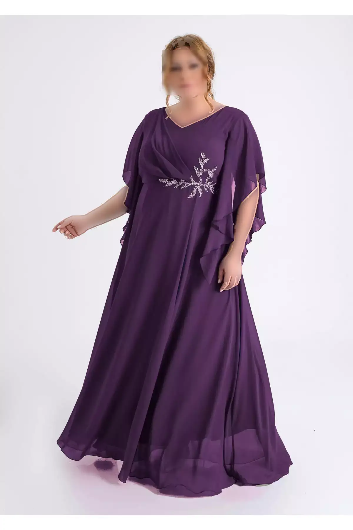 پیراهن مجلسی بلند شنل دار به رنگ مرواریدی با شکاف برای سایز بزرگ برند LİLAS XXL - 841006845