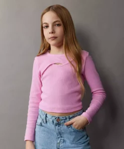 تی شرت آستین بلند کشی یقه دوچرخه‌ای برای دختران کودک E0463A825SP برند Defacto - 888613983