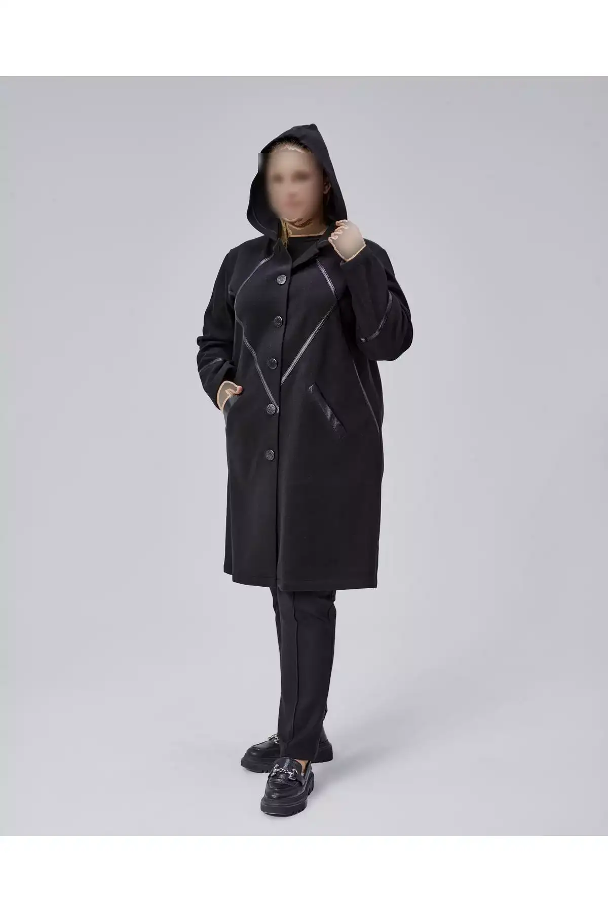 کاپشن بزرگ با جزئیات لبه چرمی و کلاه، رنگ مشکی برند KALKANCI - 1030667822