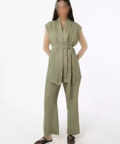 ست دو تکه شلوار و ژاکت با ظاهر کتان - رنگ خاکی - برند رفکا برند Refka - 940584219