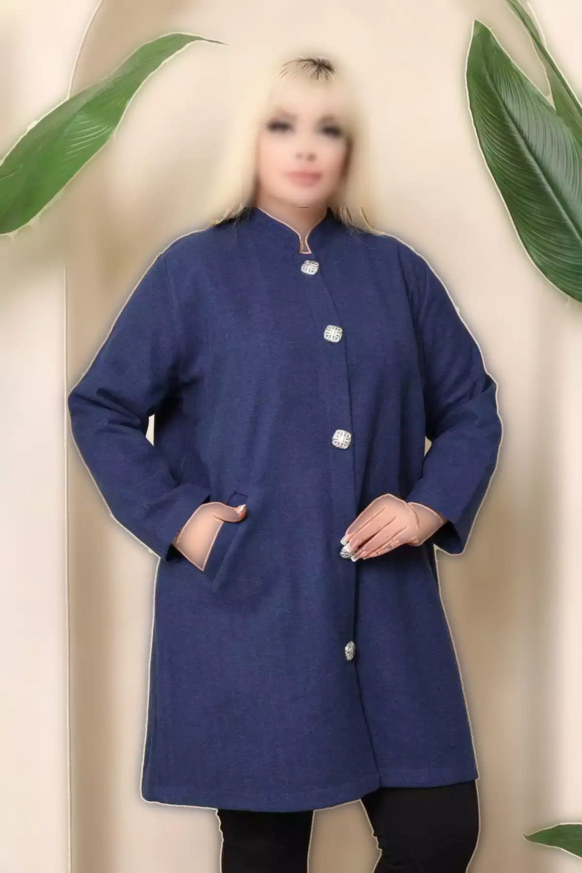 کاپشن پشمی بدون آستر زنانه سایز بزرگ آبی تیره با جیب 65N38346 برند Şans - 862343690