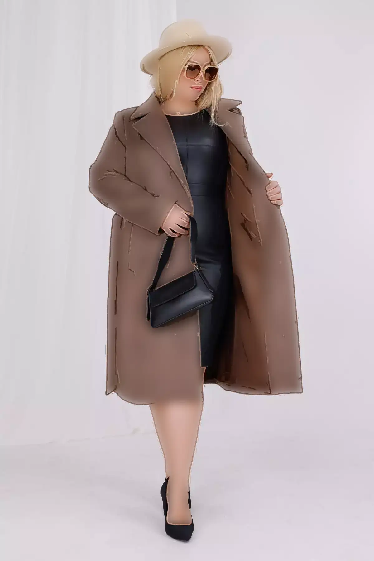 کابان زنانه کافه ملانژ پشمی با جزئیات کمربند و آستر برای سایز بزرگ برند Mooi XXL - 1029475246