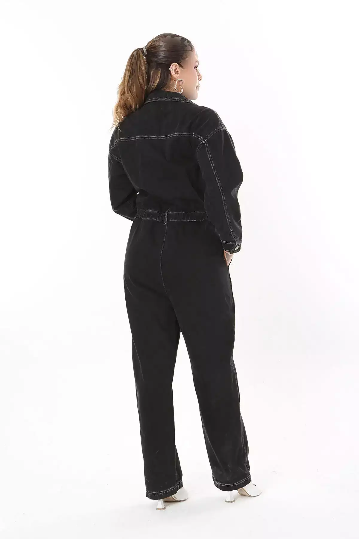 کامل زنانه با سایز بزرگ جین سیاه با دوخت متضاد و دکمه های فلزی 65N37723 برند Şans - 818528688