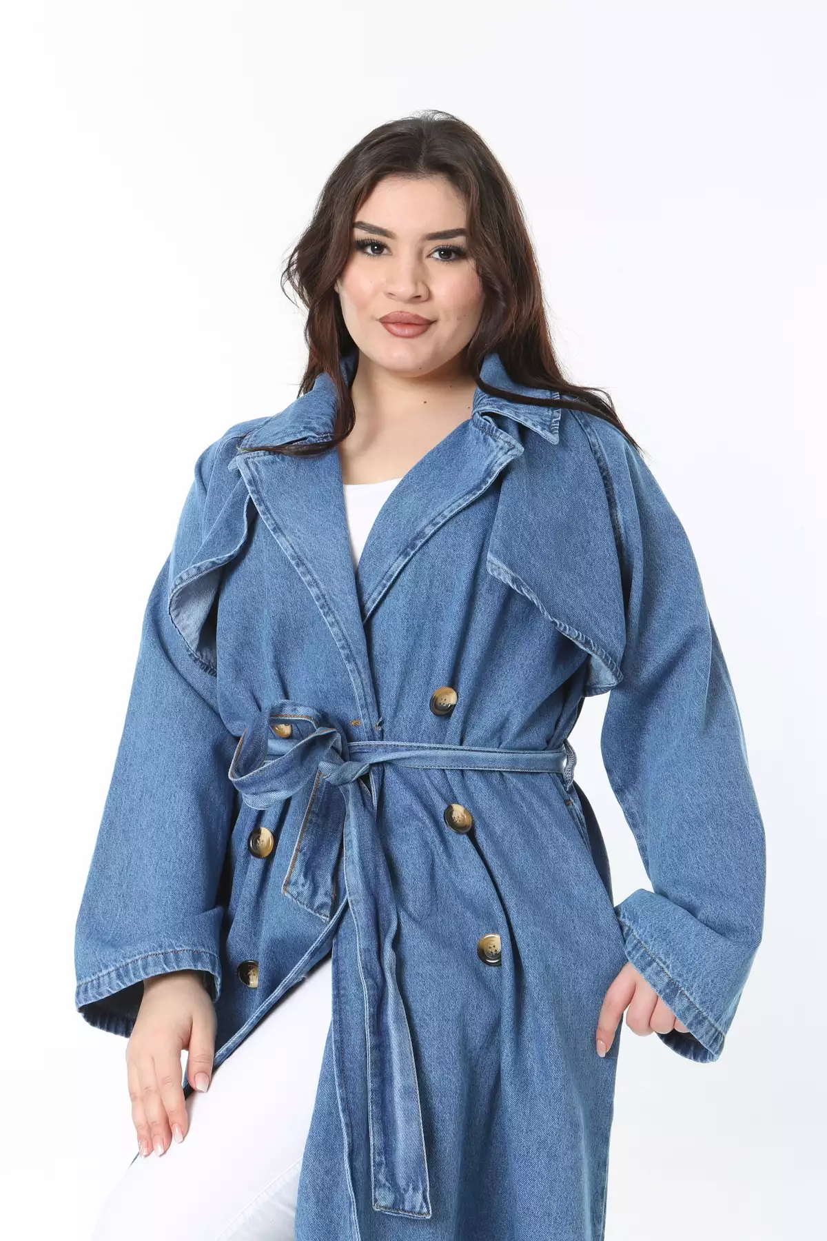 کاپشن زنانه بزرگ سایز جین نازک با دکمه جلو و جیبهای کناری رنگ سرمهای برند Şans - 917564790