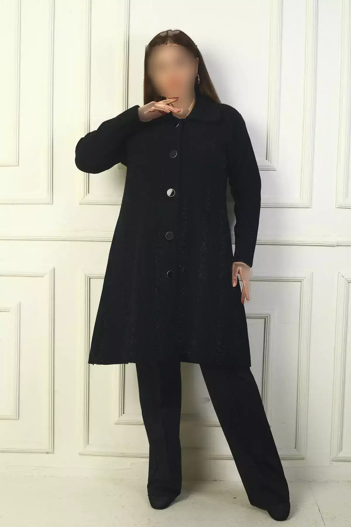 کاپشن بافتنی بزرگ سایز، دارای جیب و دکمه در جلو با طرح راه راه سیمی برند Genel Markalar - 870951477