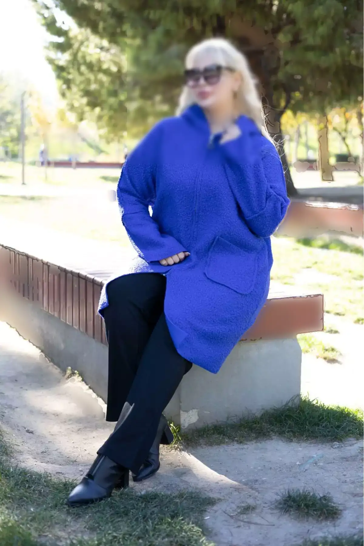 کاپشن کلاهدار بزرگ سایز زنانه از پارچه بافت دار رنگ ساکس 65N38451 برند Şans - 870123433