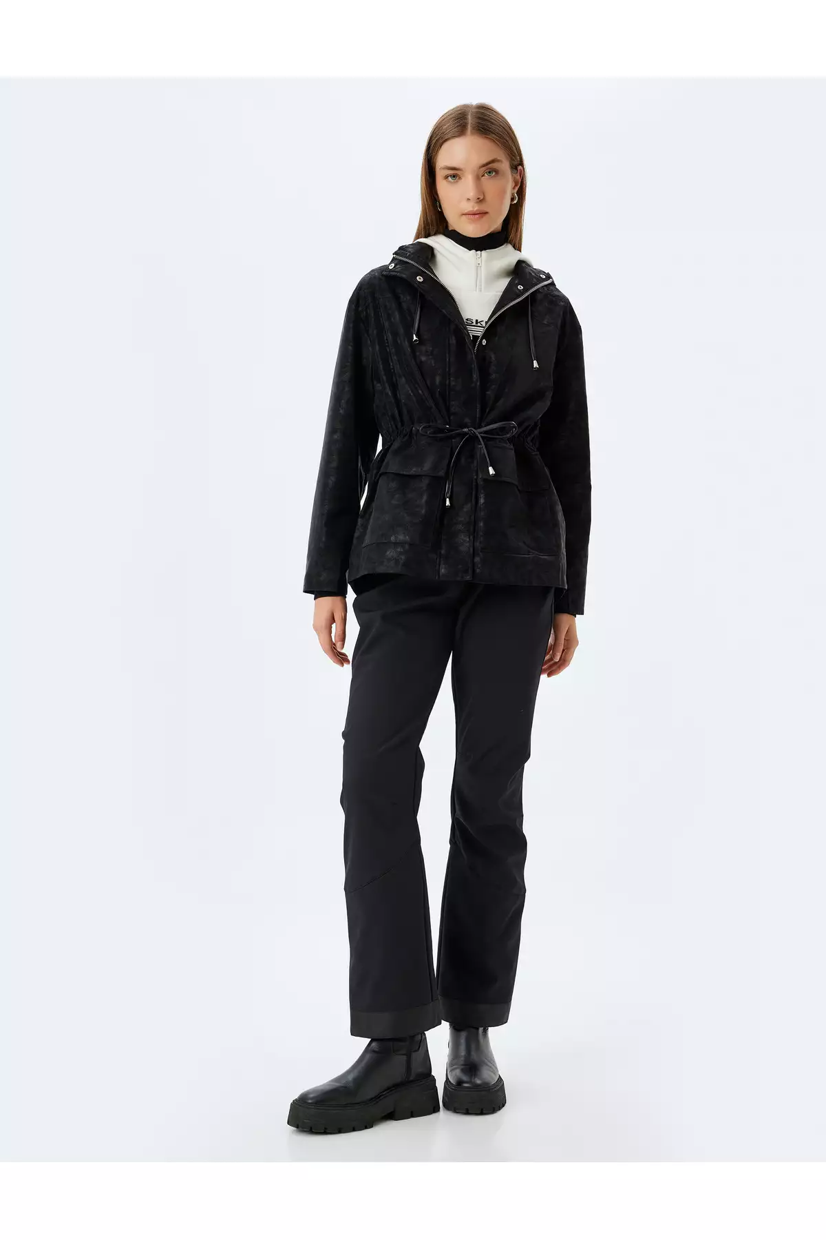 بارانی اورسایز چرم سونی با کلاه، کمربند دار، زیپ دار و جیبدار برند Koton - 923706532