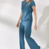 ست بلوز و شلوار پالازو براق با رنگ آبی نفتی و طراحی براق برند Olalook - 686894529