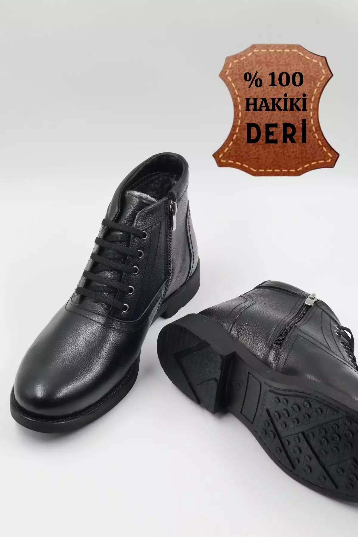 بوت روزمره مردانه از جنس چرم طبیعی، مقاوم در برابر سرما، با زیره ضد لغزش و دارای بند، به رنگ مشکی. برند nazenintasarımlar - 147085938