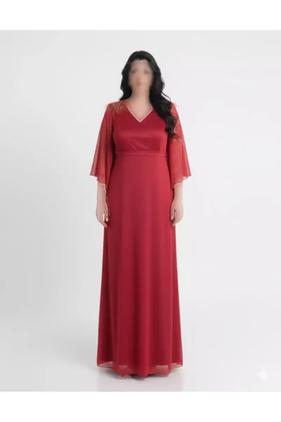 پیراهن آبی بلند با آستین کوتاه و رنگ قرمز بزرگ سایز، با الیاف الاستیک و طرح براق برند LİLAS XXL - 789256111