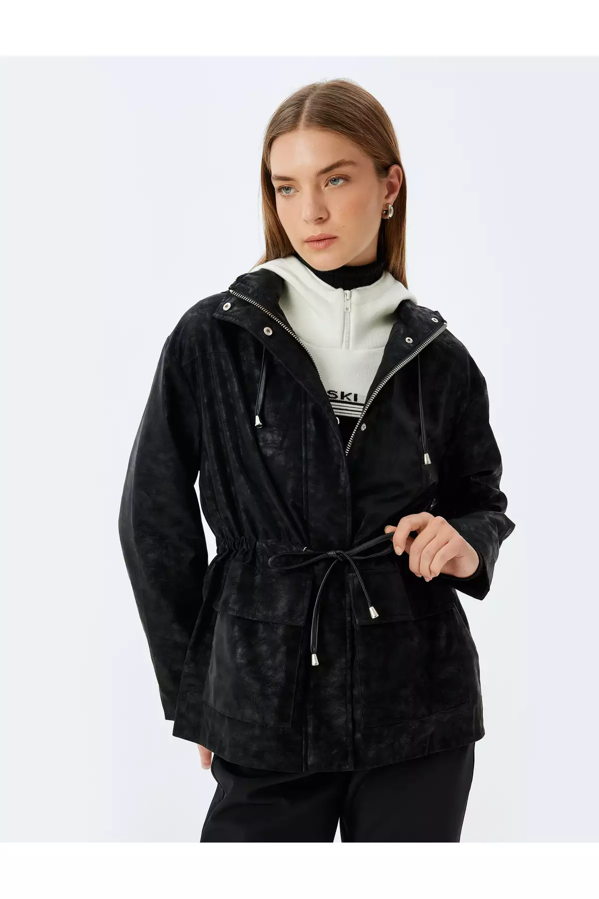 بارانی اورسایز چرم سونی با کلاه، کمربند دار، زیپ دار و جیبدار برند Koton - 923706532