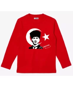 تیشرت کودکانه قرمز رنگ با طرح بلند آستین و تصویر و امضای آتاتورک، با نوشته 29 اکتبر از جنس پنبه برند Efendioğlu Design - 869653718