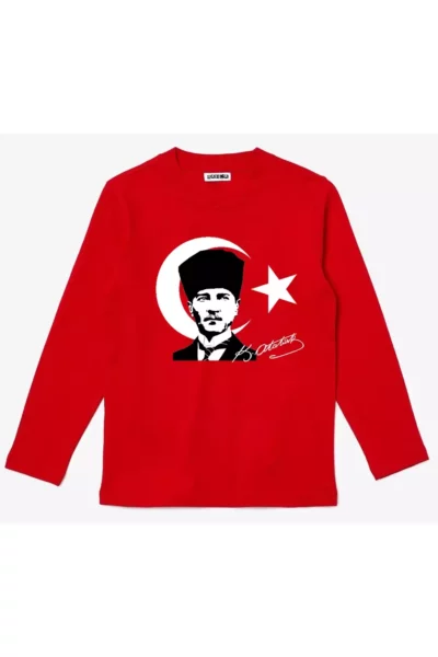 تی‌شرت کودکانه قرمز رنگ با طرح بلند آستین و تصویر و امضای آتاتورک، با نوشته 29 اکتبر از جنس پنبه برند Efendioğlu Design - 869653718