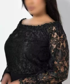 زنانه، سایز بزرگ، مشکی، یقه مادونا، بالاتنه دانتل، دامن صاف، لباس شب سالنی 65N39117 برند Şans - 980988038