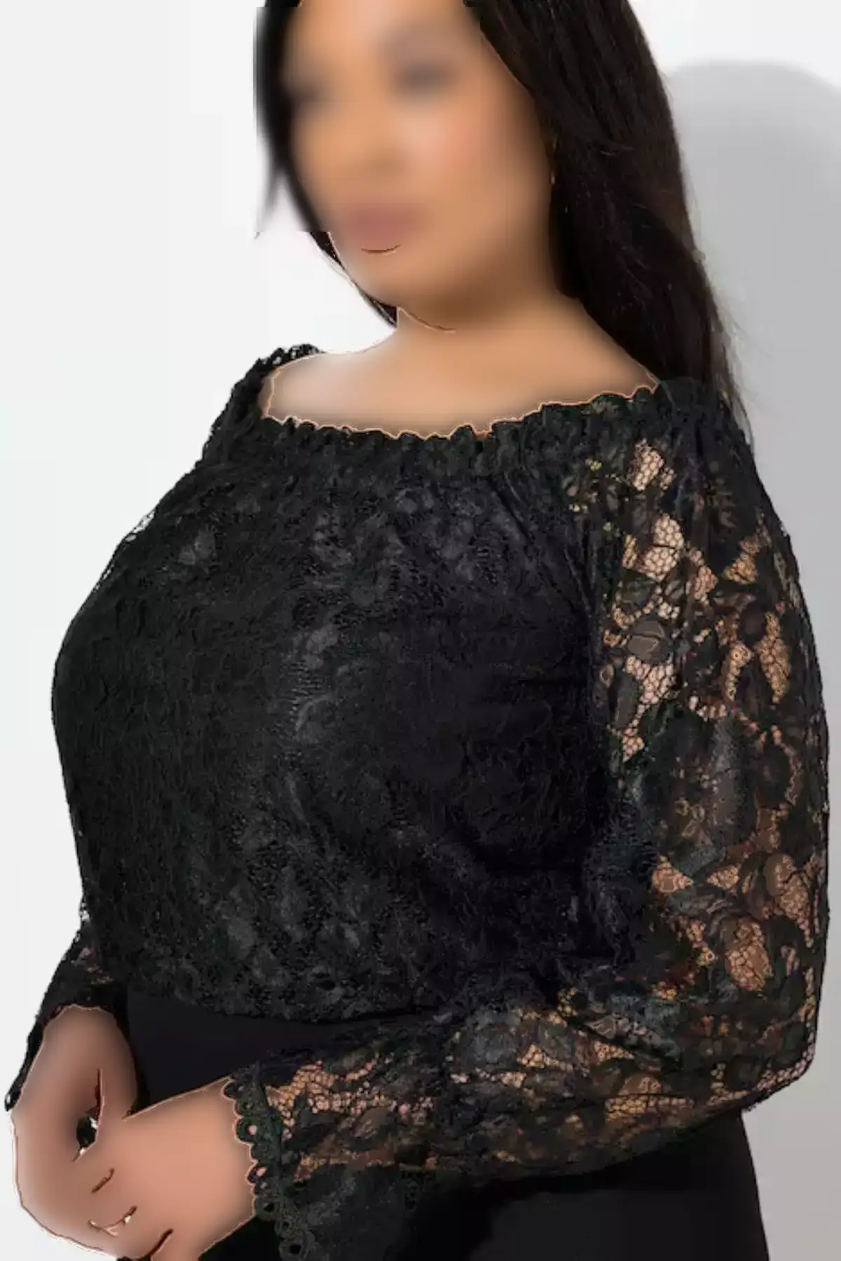 زنانه، سایز بزرگ، مشکی، یقه مادونا، بالاتنه دانتل، دامن صاف، لباس شب سالنی 65N39117 برند Şans - 980988038