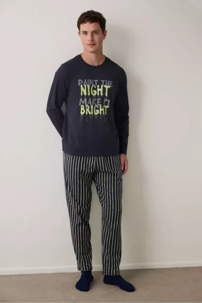 ست پیژامه مردانه یقه گرد آستین بلند خط دار برند Penti - 1020725306