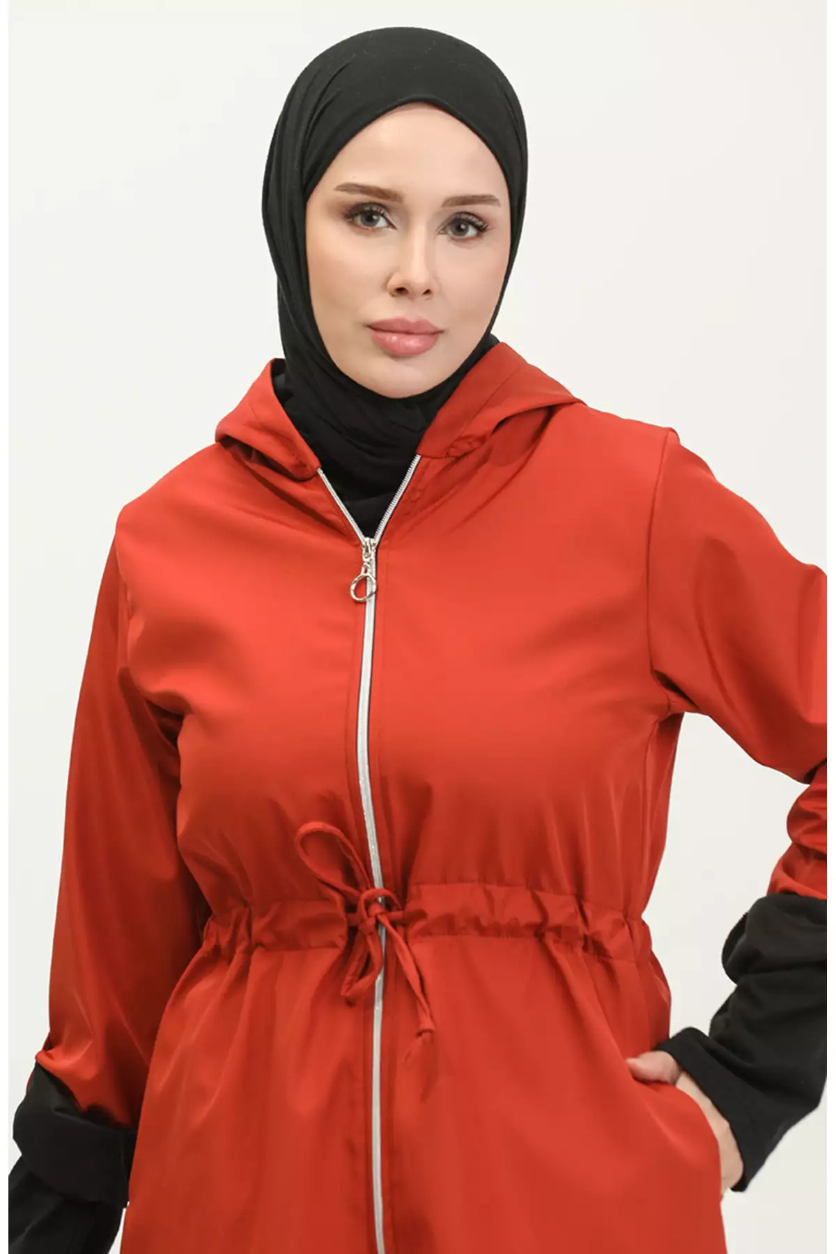 بارانی کلاهدار بلندی با طراحی بوزگول 0295-02 رنگ آجر برند sefamerve - 833445510