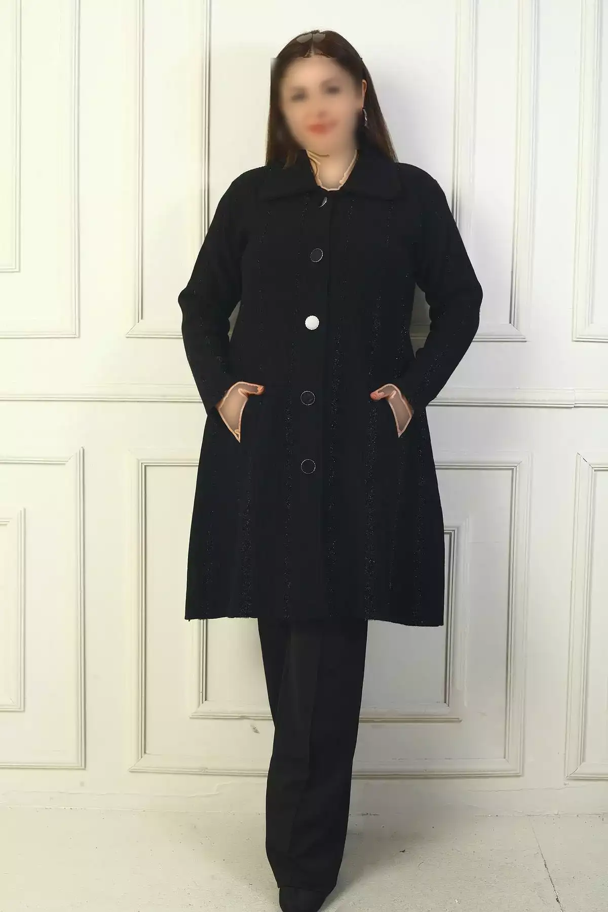 کاپشن بافتنی بزرگ سایز، دارای جیب و دکمه در جلو با طرح راه راه سیمی برند Genel Markalar - 870951477