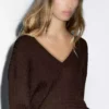 کاپشن با یقه V و بافتن مو به سبک بافتی برند Massimo Dutti - 957597219