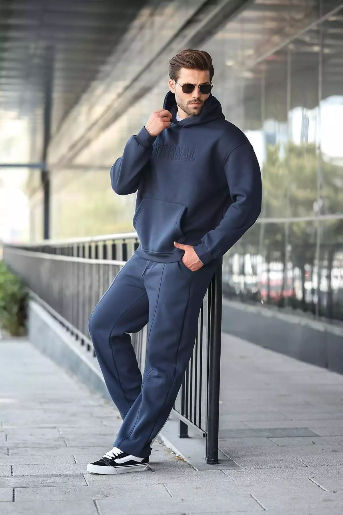 ست سویشرت و شلوار مردانه کلاهدار آبی تیره E7324 برند Madmext - 963245523