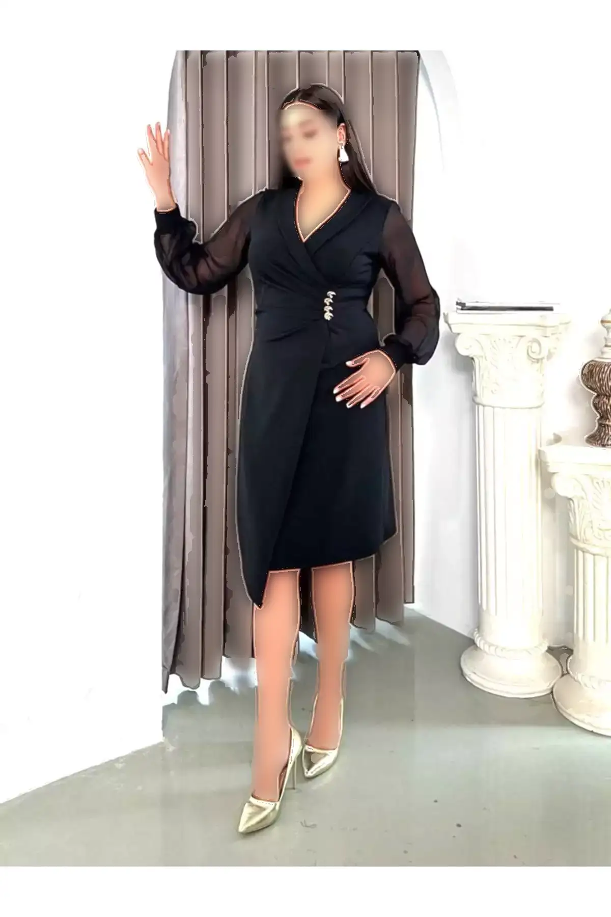 کت بزرگ زنانه مشکی با یقه و جزئیات دکمه، لباس مجلسی انعطافپذیر برند Şirin Butik - 996790820