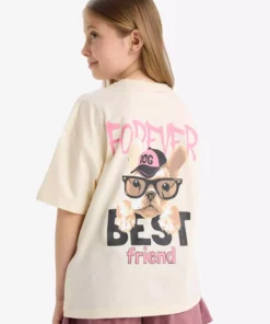 تی‌شرت کوتاه‌قد آستین کوتاه با یقه دوچرخه‌ای و طرح چاپی در پشت، مناسب دختران، با سایز بزرگ و گشاد. برند Defacto - 939524066