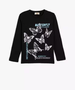 تیشرت با طرح پروانه، آستین بلند و یقه گرد از جنس پنبه برند Koton - 843987963