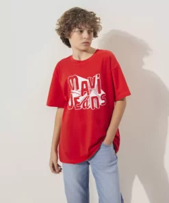 تی‌شرت قرمز با طرح جین، فیت گشاد / برش راحت 6610281-88523 برند Mavi - 899481694