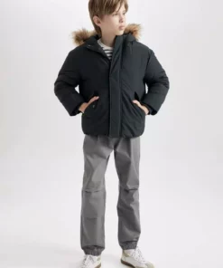 کاپشن پسرانه با یقه پلنگی قابل جدا شدن، کلاهدار، زیپ دار و دکمهدار، دارای جیب C5975A824WN برند Defacto - 871763007