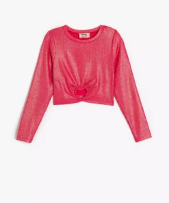 تیشرت بلند آستین یقهگرد با جزئیات قلب و براق برند Koton - 873219676