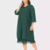 لباس مجلسی بزرگ سایز با رنگ سبز و دکمههای دانتل و پارچه شفاف برند LİLAS XXL - 73414454