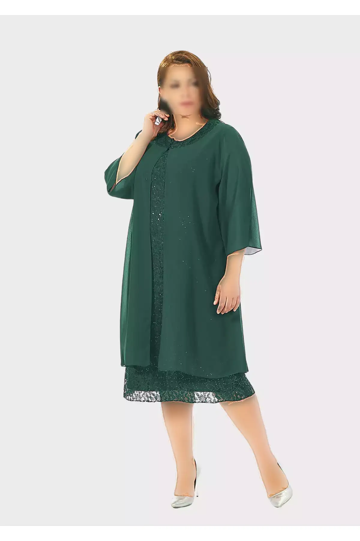 لباس مجلسی بزرگ سایز با رنگ سبز و دکمههای دانتل و پارچه شفاف برند LİLAS XXL - 73414454