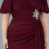 پیراهن مهمانی کوتاه آستیندار میدی سایز بزرگ با طرح براق Bordo ABK39920 برند Efelif - 886427140