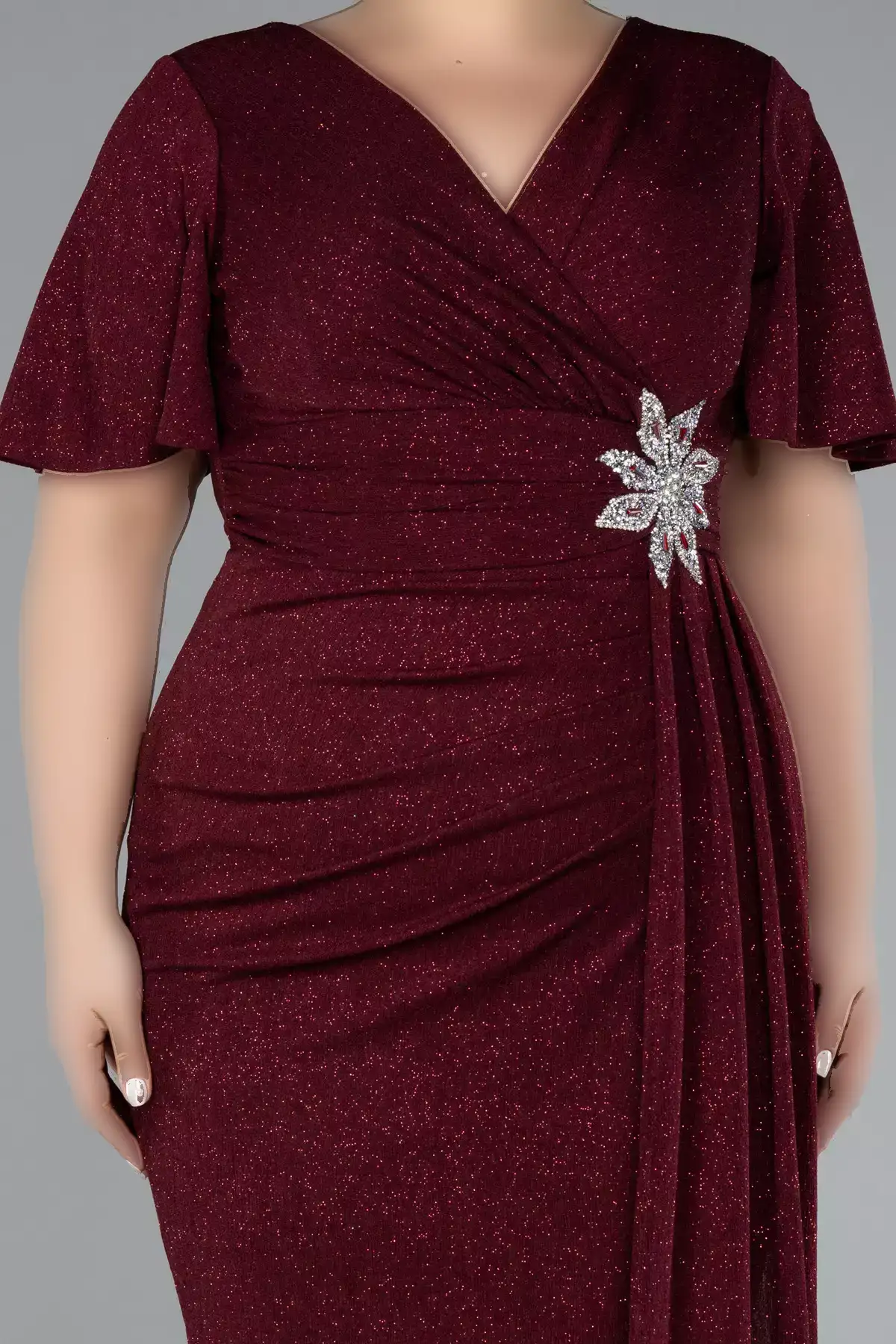 پیراهن مهمانی کوتاه آستیندار میدی سایز بزرگ با طرح براق Bordo ABK39920 برند Efelif - 886427140