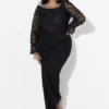 زنانه، سایز بزرگ، مشکی، یقه مادونا، بالاتنه دانتل، دامن صاف، لباس شب سالنی 65N39117 برند Şans - 980988038