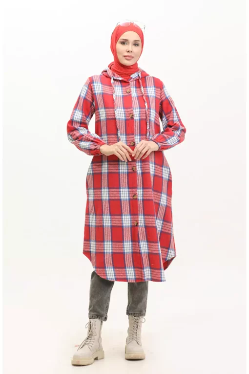 پالتوی کلاه‌دار طرح چهارخونه NZR001C-06 قرمز-نیلی برند sefamerve - 833444935