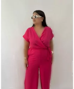 jumpsuit زنانه با یقه کراواتی و پارچه ویسکوز در سایز بزرگ و رنگ فوشیا برند KLEERMAKER - 834743573