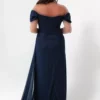 پیراهن مجلسی بلند آبی تیره با یقه قایقی و چیندار همراه با شقاق برند Lafaba - 759824552