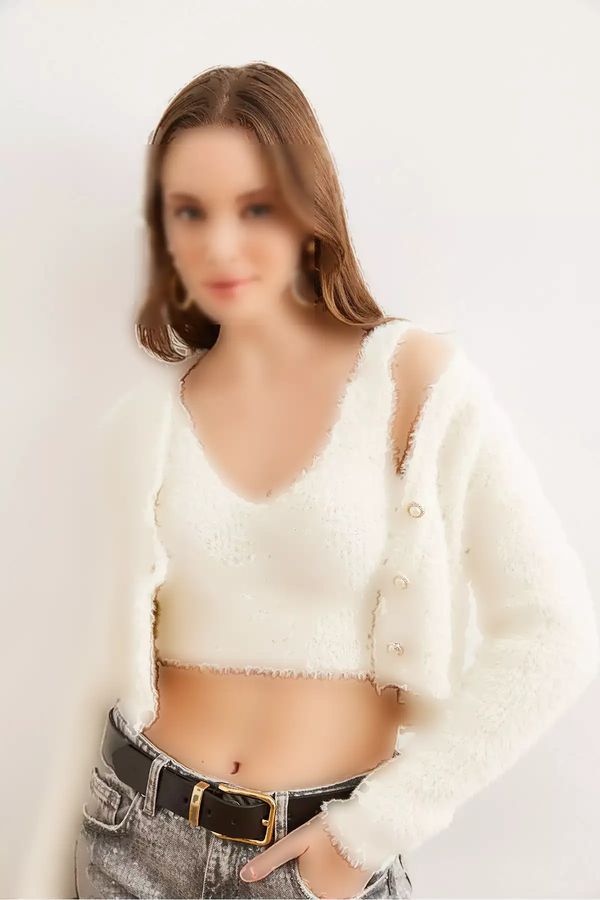 ست بافتنی زنانه رنگ اکرو شامل: بستن داخلی و ژاکت. برند Olalook - 871405540