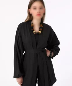 ست دو تکه کیمونو و شلوار با جزئیات کمربند - مشکی - بنین برند Benin - 920558373