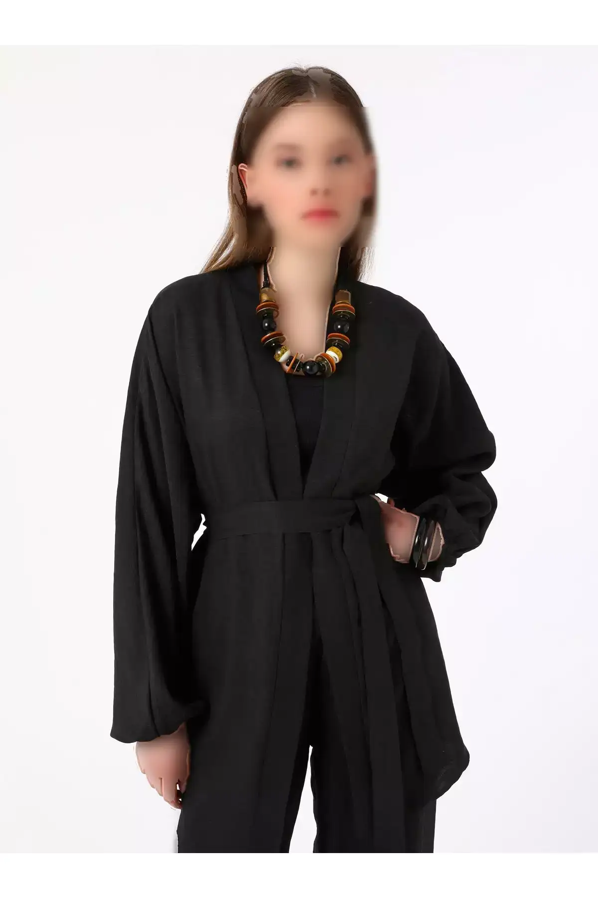 ست دو تکه کیمونو و شلوار با جزئیات کمربند - مشکی - بنین برند Benin - 920558373