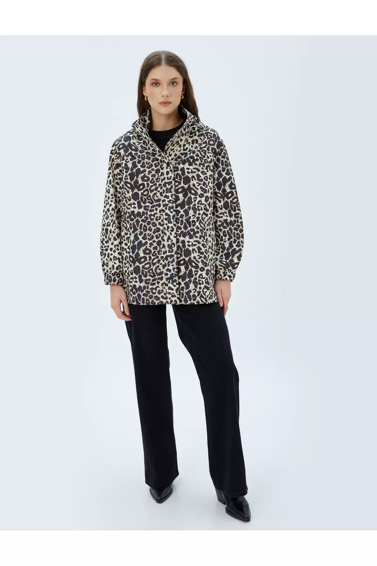 بارانی کلاهدار با طرح پلنگی و جیبدار برند Koton - 858127182