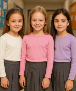 تیشرت بافتنی دخترانه سه‌تایی با آستین‌های بلند برای استفاده روزمره، مدرسه و ورزش به رنگ‌های کرم، صورتی و بنفش برند atölye kids - 175949261