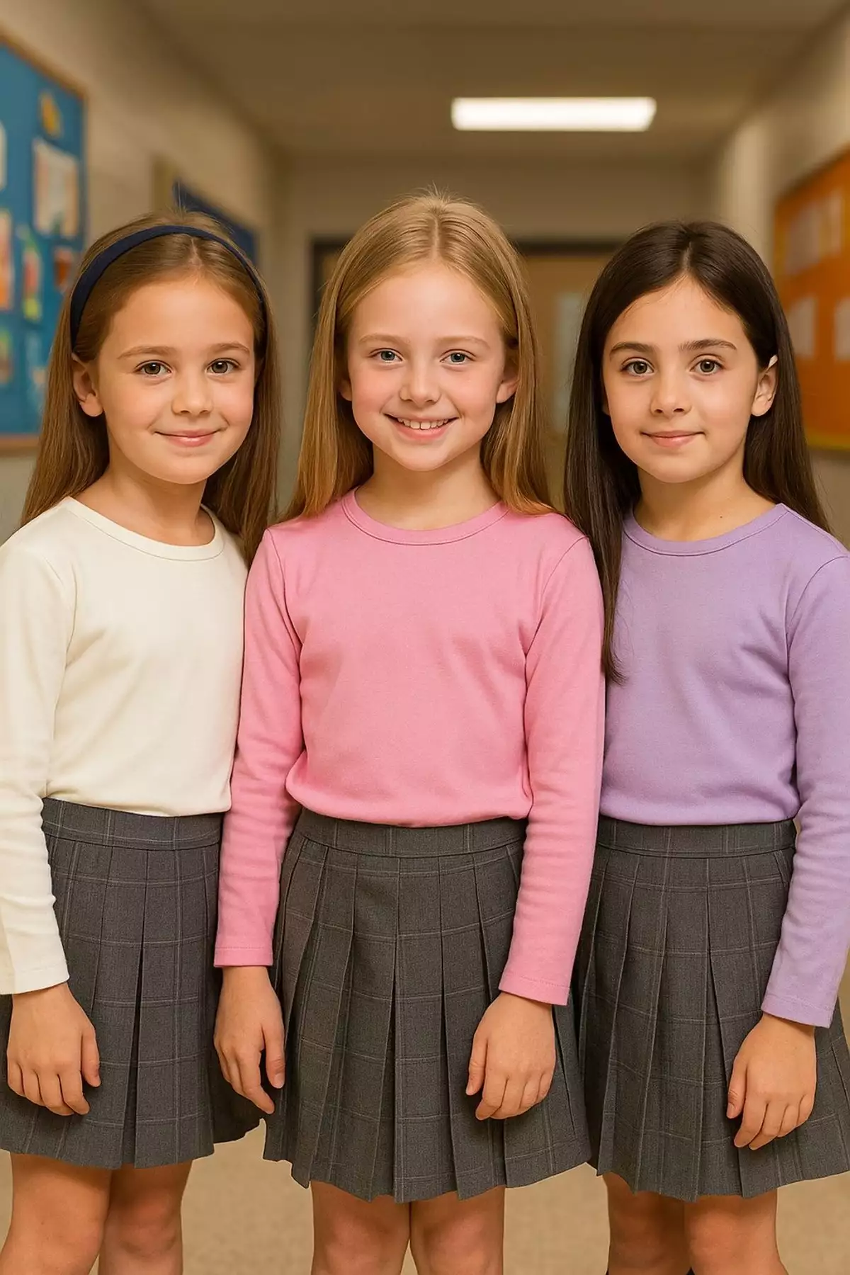 تیشرت بافتنی دخترانه سهتایی با آستینهای بلند برای استفاده روزمره، مدرسه و ورزش به رنگهای کرم، صورتی و بنفش برند atölye kids - 175949261