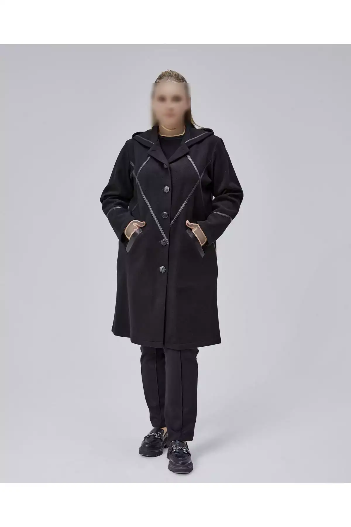 کاپشن بزرگ با جزئیات لبه چرمی و کلاه، رنگ مشکی برند KALKANCI - 1030667822