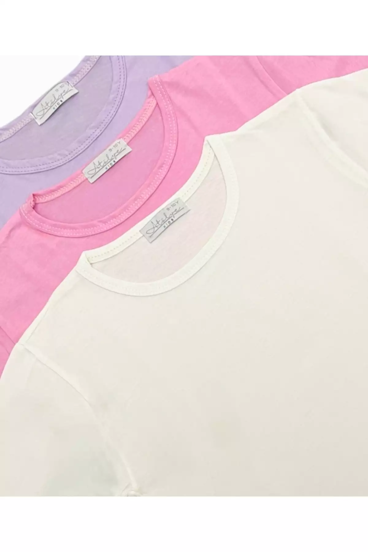 تیشرت بافتنی دخترانه سهتایی با آستینهای بلند برای استفاده روزمره، مدرسه و ورزش به رنگهای کرم، صورتی و بنفش برند atölye kids - 175949261