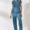 ست بلوز و شلوار پالازو براق با رنگ آبی نفتی و طراحی براق برند Olalook - 686894529
