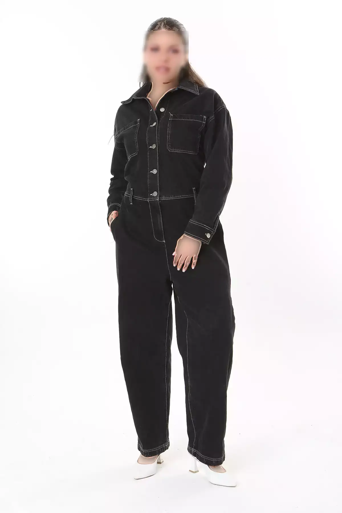 کامل زنانه با سایز بزرگ جین سیاه با دوخت متضاد و دکمه های فلزی 65N37723 برند Şans - 818528688
