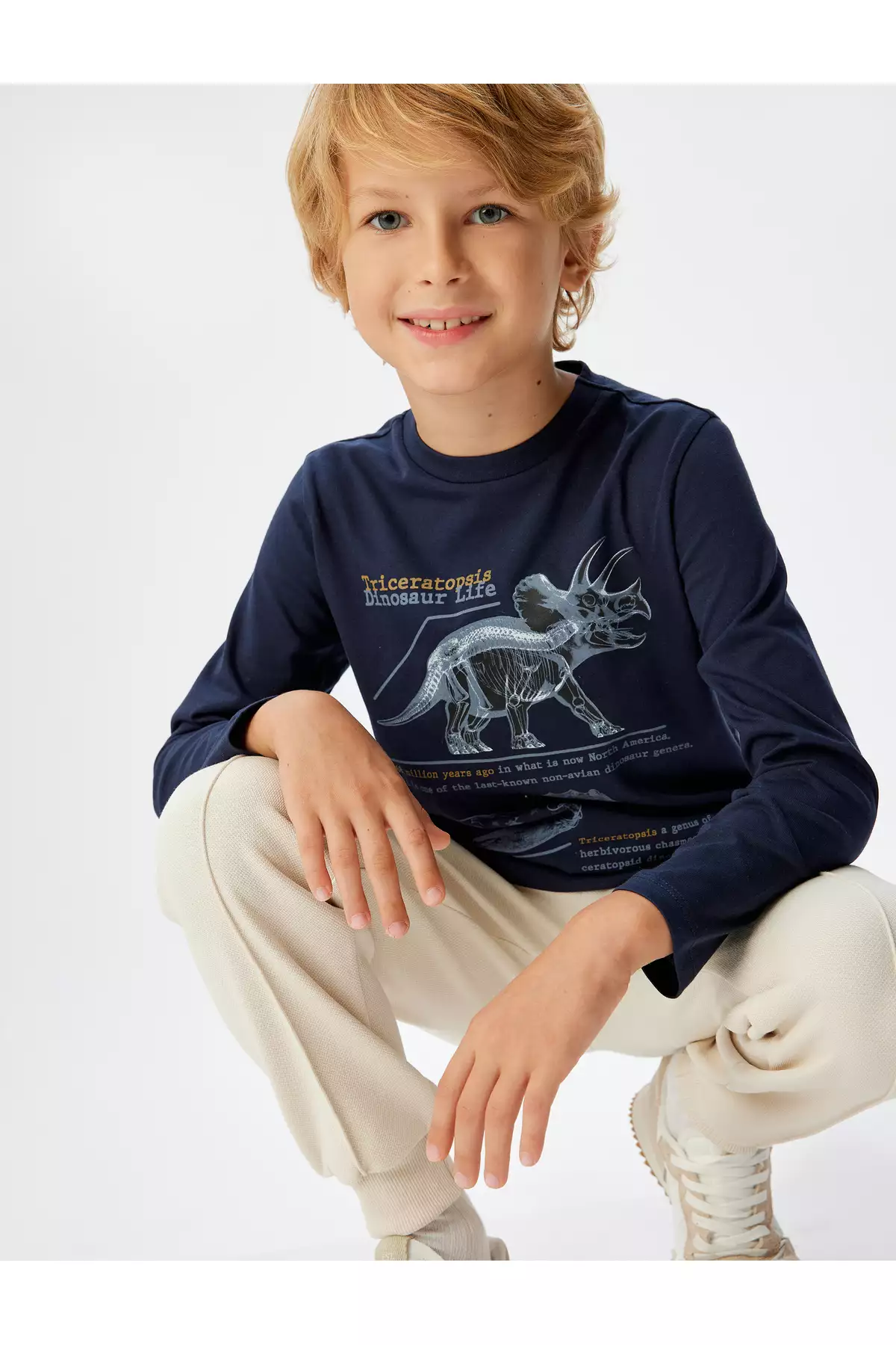 تیشرت آستین بلند با طرح دایناسور و یقه گرد از جنس پنبه برند Koton - 862616203