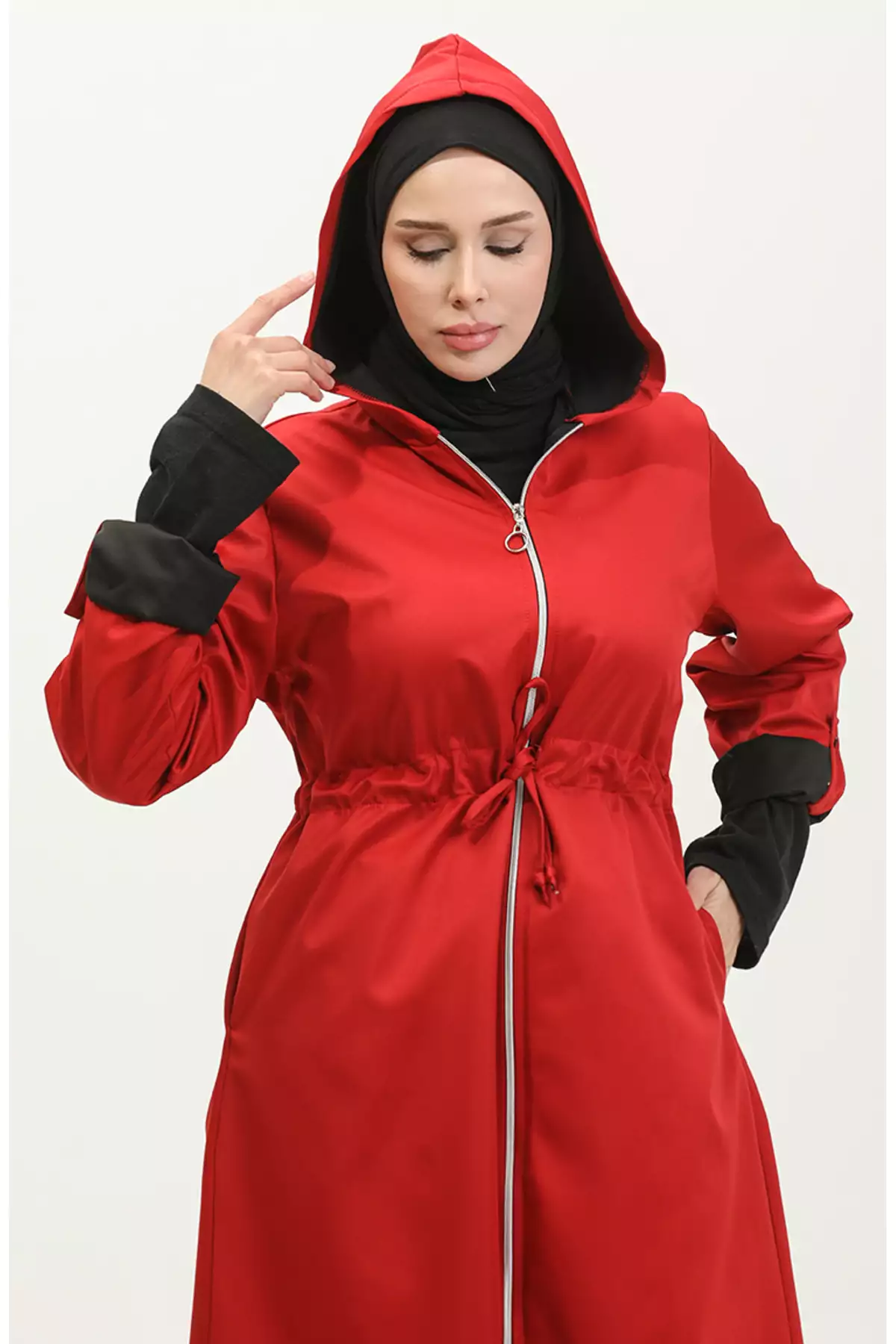 بارانی با کلاه و بنددار بلی 0295-03 رنگ زرشکی برند sefamerve - 833479665